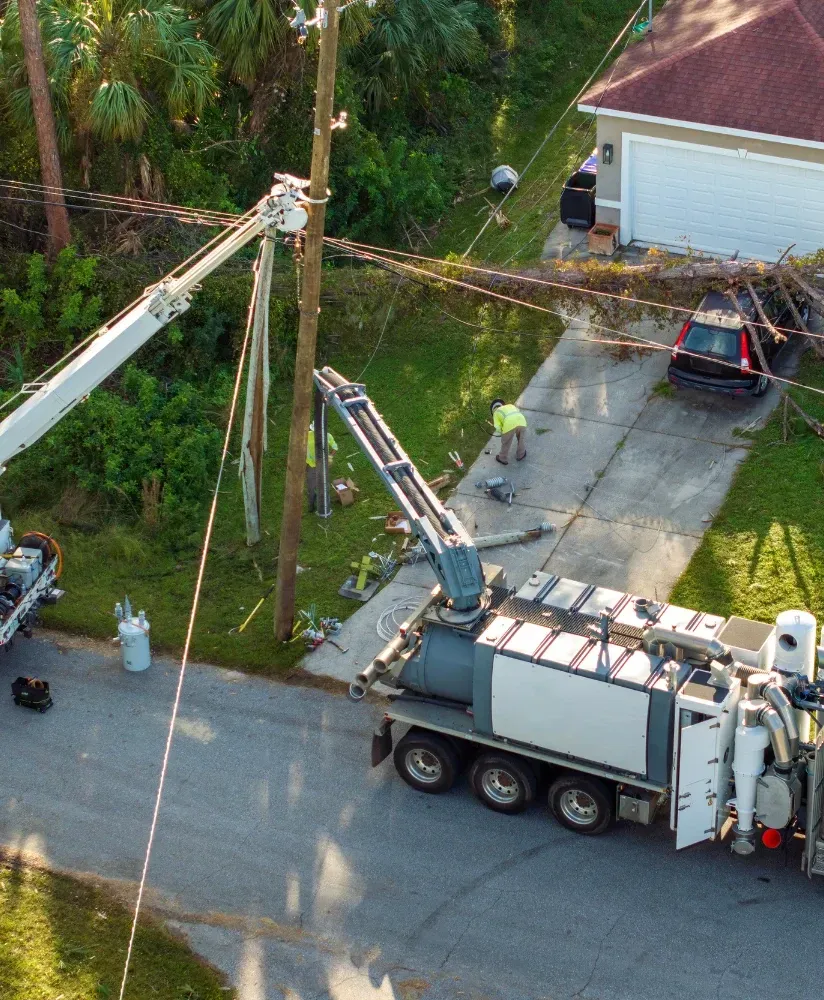 Tree service branded vehicle crew unloading equipment near Riverstone Coeur d'Alene
